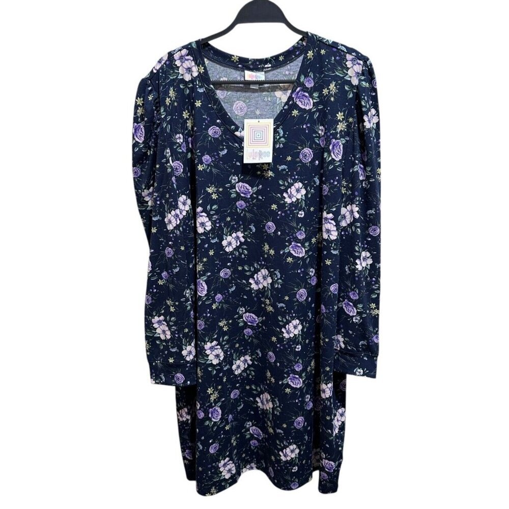 Lularoe AVA Women Size 2XL Blue Floral V-neck Mutton Long Sleeve Dress NWT